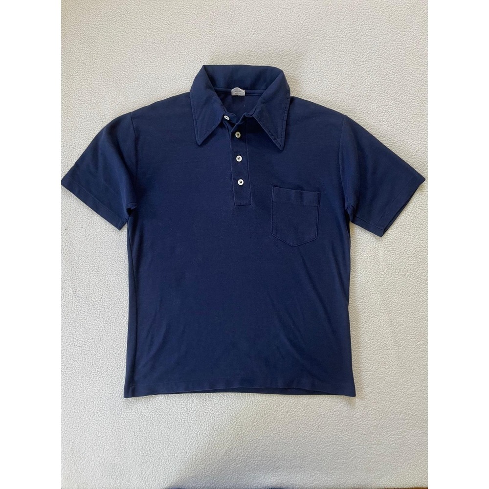 Vintage 1970s Maverick Mens Large Polo Shirt Navy Blue Kodel Blend USA Made